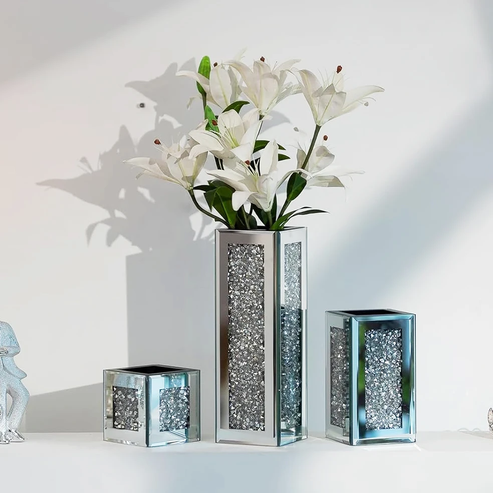 3pcs Diamond-Encrusted Mirrored Vase Set | Elegant Square Design for Flower Arrangement or Decorative Display, Enhances Luxury