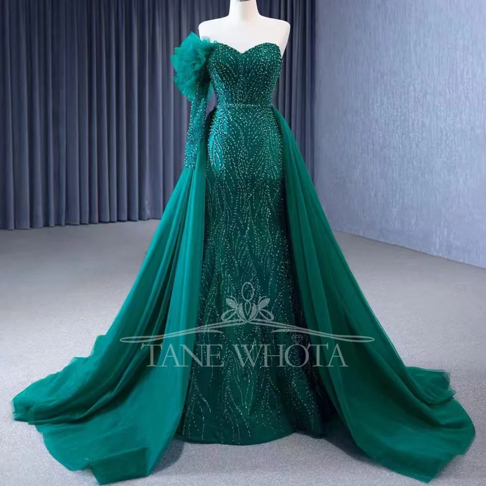 

Зеленое милое вечернее платье-футляр на одно плечо со шнуровкой сзади и кристаллами со съемным шлейфом, настраиваемое роскошное вечернее платье