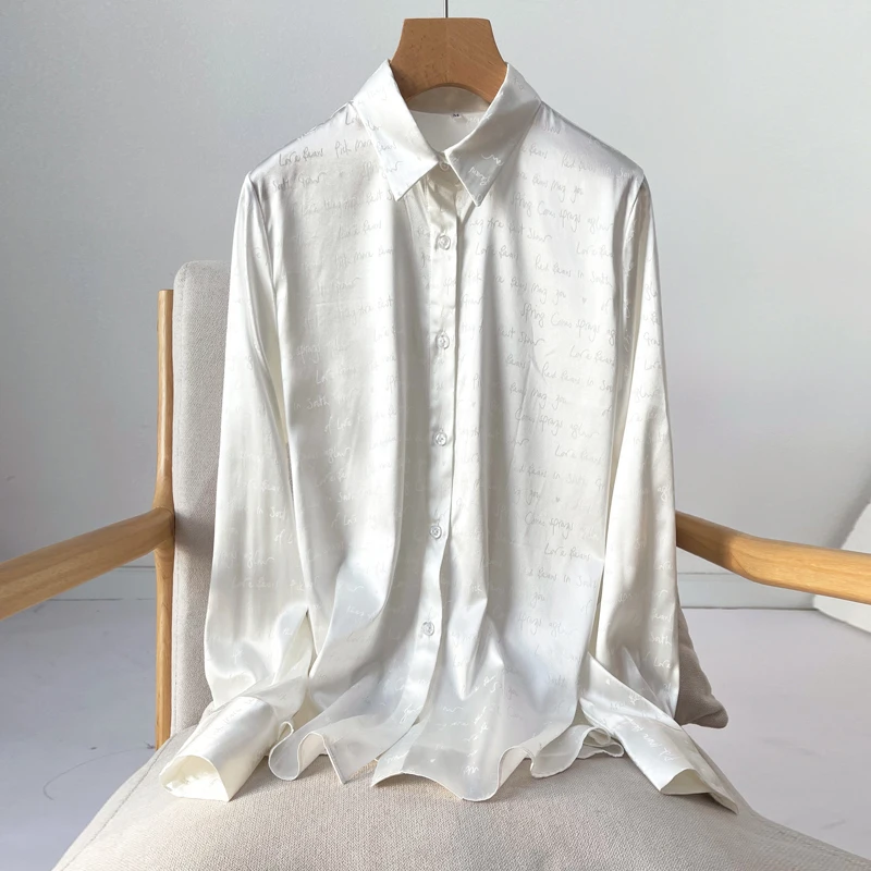 

Women Shirt 93% Mulberry Silk 7% Spandex White Letter Printed V Neck Classic Long Sleeve Top Blouse MM841