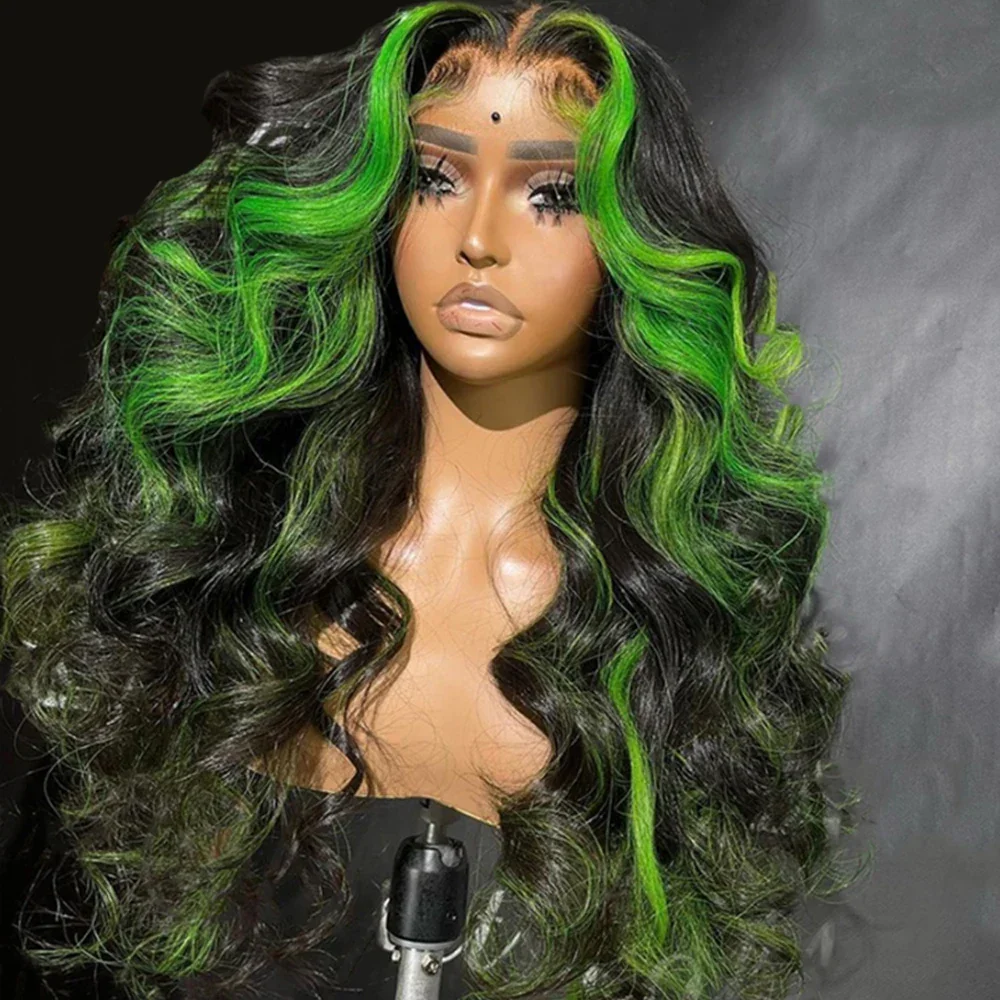 

Green Highlight Body Wave Lace Wigs For Women Mixed Green Glueless 13x4 Lace front Synthetic Wigs Pre Plucked With Baby Hair