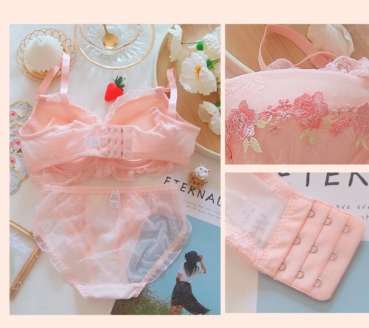 Sweet girl underwear suit lace water soluble flowers comfortable with steel rings gathered lingerie panty sets large size bra