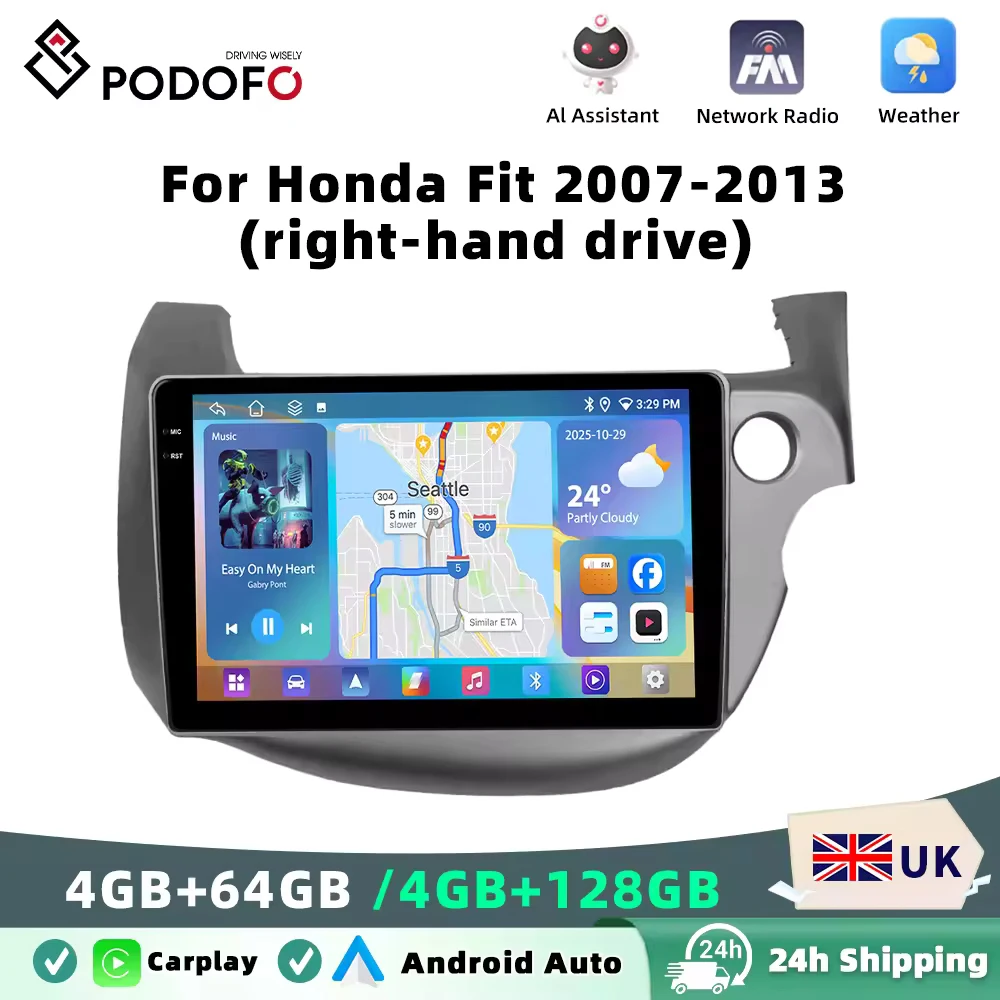 Podofo For Honda Fit 2007-2013 4GB+64GB Car Radio Wireless Carplay Android Auto Multimedia Video Player Mirror Link 10 Inch GPS