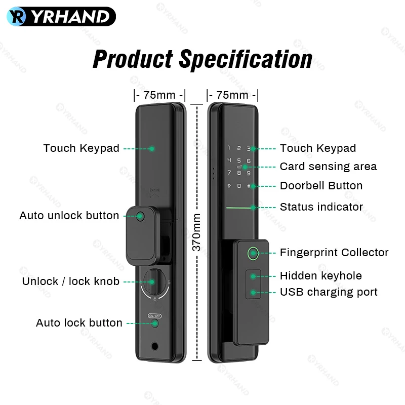 YRHAND A1 Auto-Lock Digital Electronic Ttlock Lock Biometric Fingerprint Tuya Wifi Smart Door Lock Remote for Google home Aleax