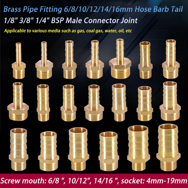 

1-20pcs Brass Pipe Fitting 6mm8mm10mm12mm14mm16mm Hose Barb Tail 1/8" 3/8" 1/4" BSP Male Connector Joint Copper Coupler Adapter