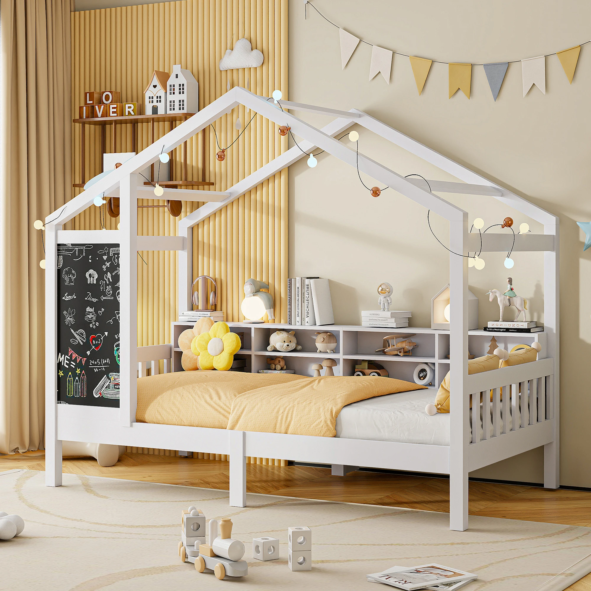 Roshanda Cama infantil , 90x200 cm, cama caseira, cama individual, quadro negro/estantería/gaveta, pinho, branco