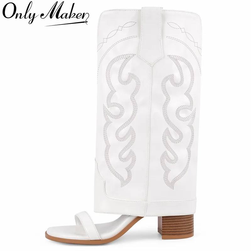 

Onlymaker/женские белые босоножки до середины икры с открытым носком и вышивкой на массивном каблуке, сложенные ботинки