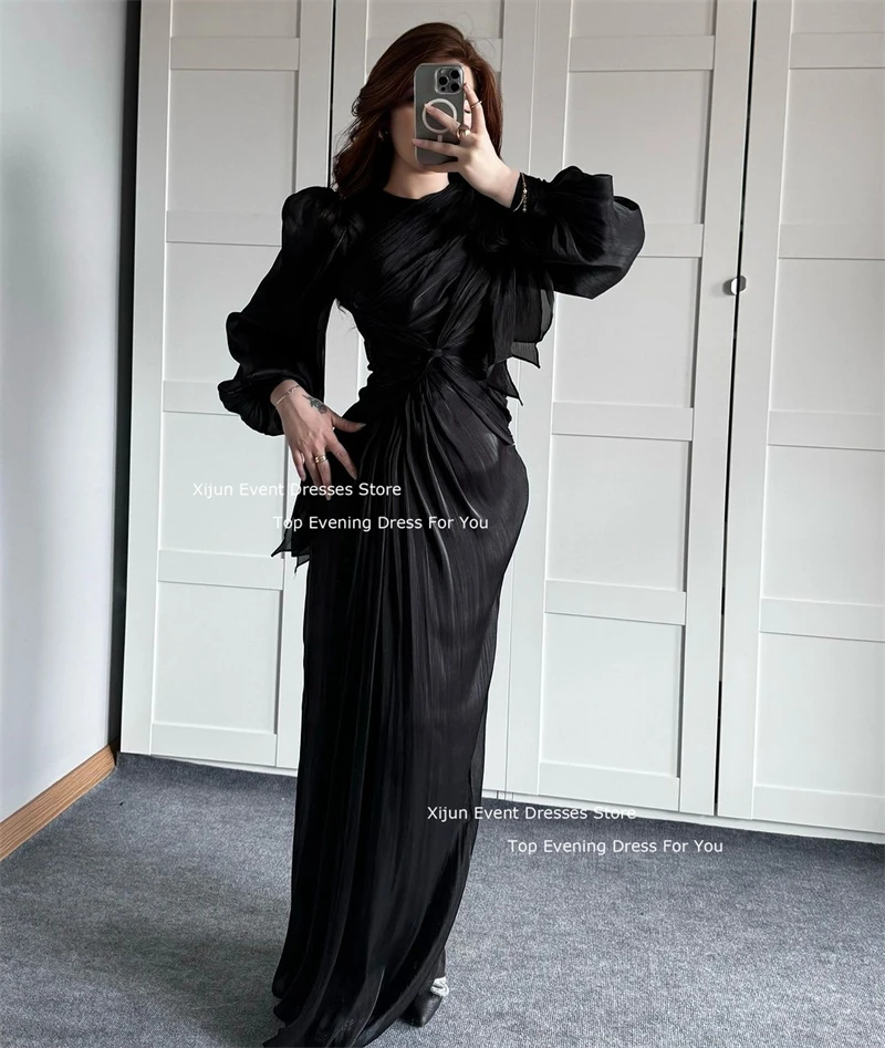 Xijun Modest Black Evening Dresses Mermaid Full Sleeves Formal Prom Dresses O-Neck Moroccan Kaftan Dubai Prom Gowns Floor Length