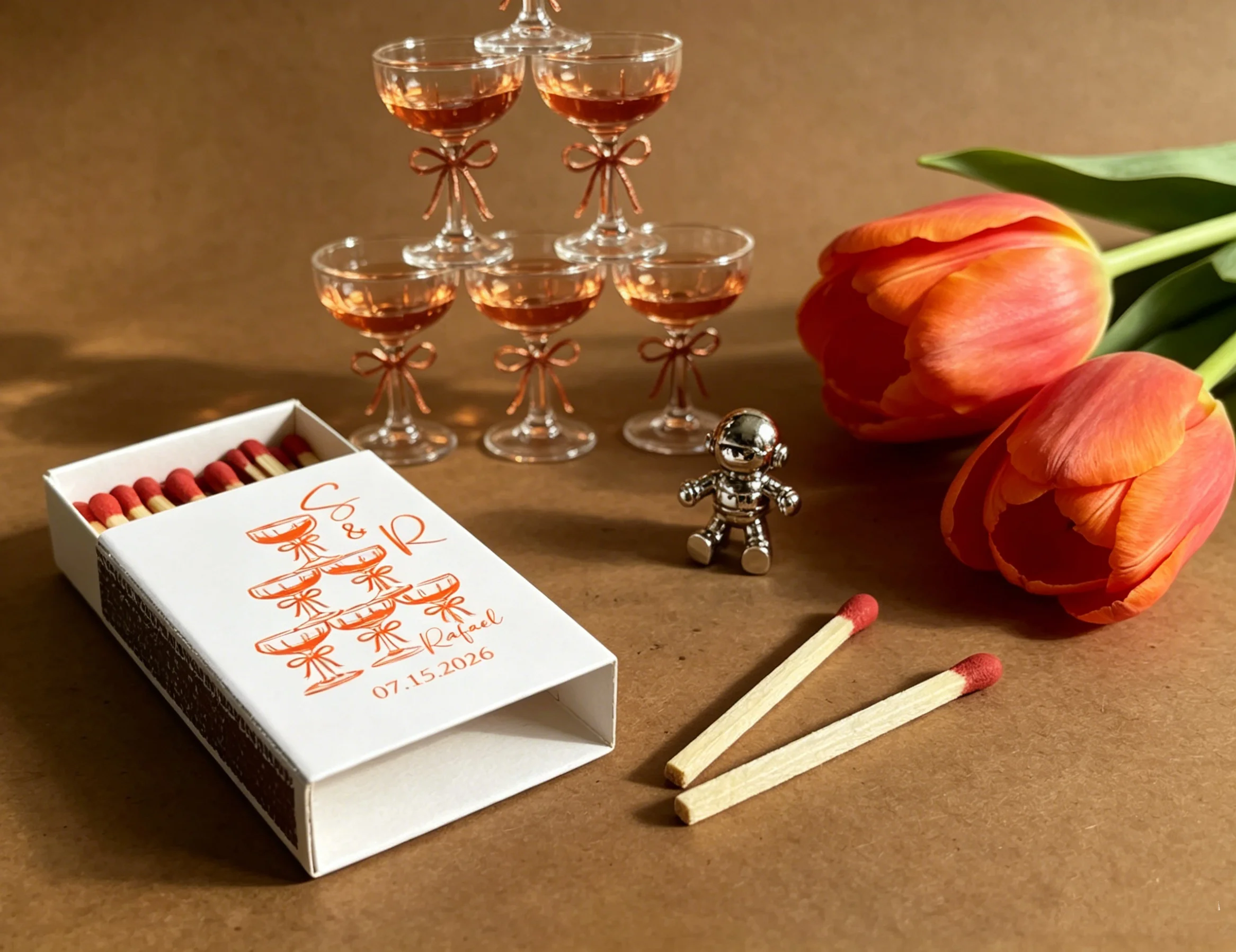 

Custom Logo & Names Matchboxes Bulk - Champagne Bow Design Personalized Matches for Wedding Favors, Bachelorette Gifts & Bridal