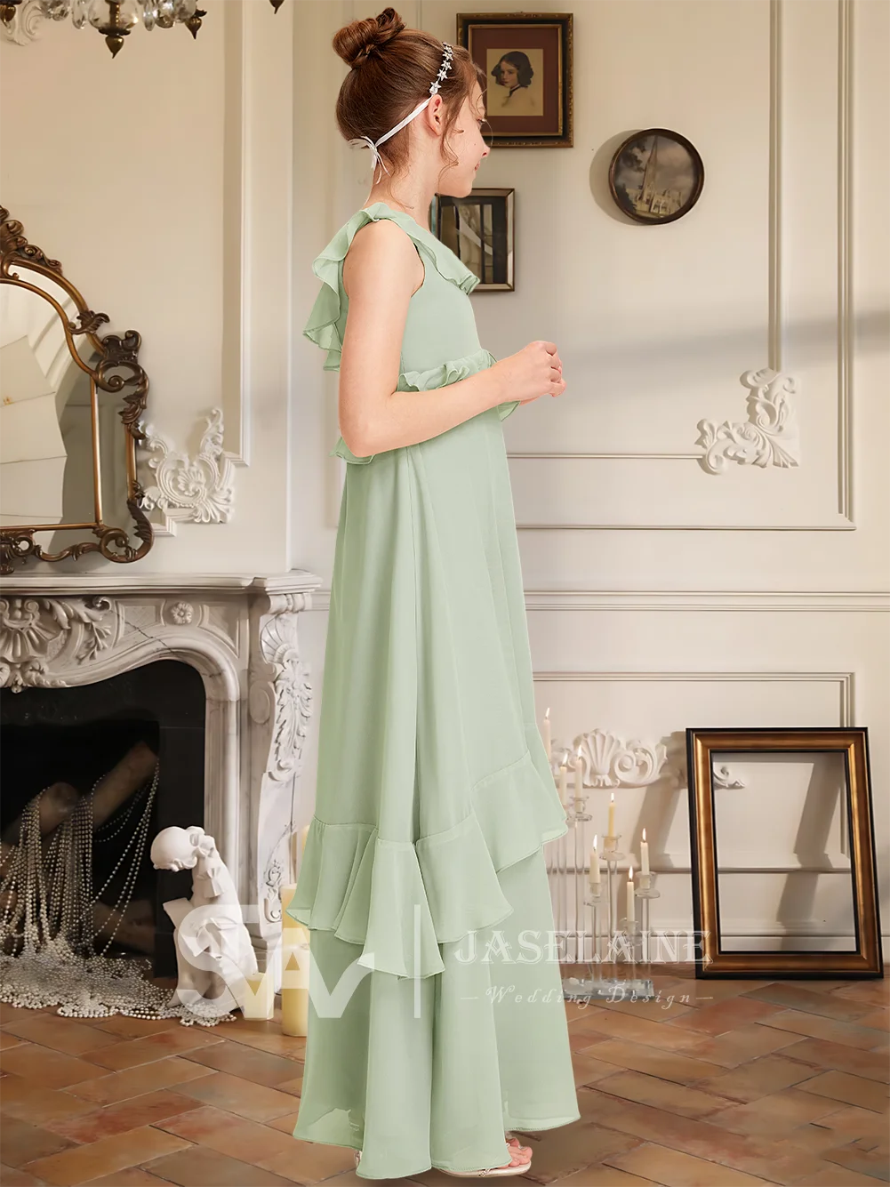 

A Kids A-line Scoop Floor-Length Chiffon Junior Bridesmaid Dress Cascading Ruffles Party Flower Girl Dress Kids Wedding Formal