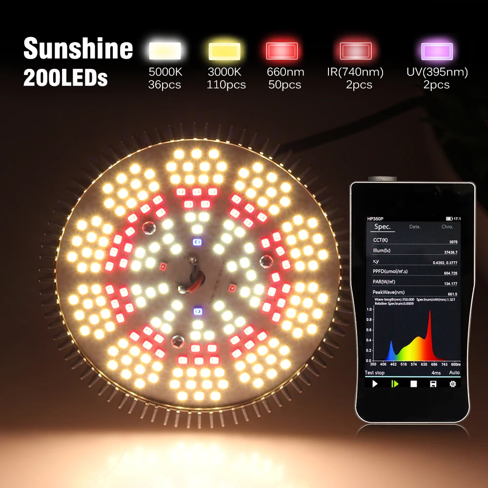 Full Spectrum LED cresce a luz para estufa, legumes e flores, 200LEDs, SMD2835, AC85, 265V, 3000K, 5000K, E27, 250W