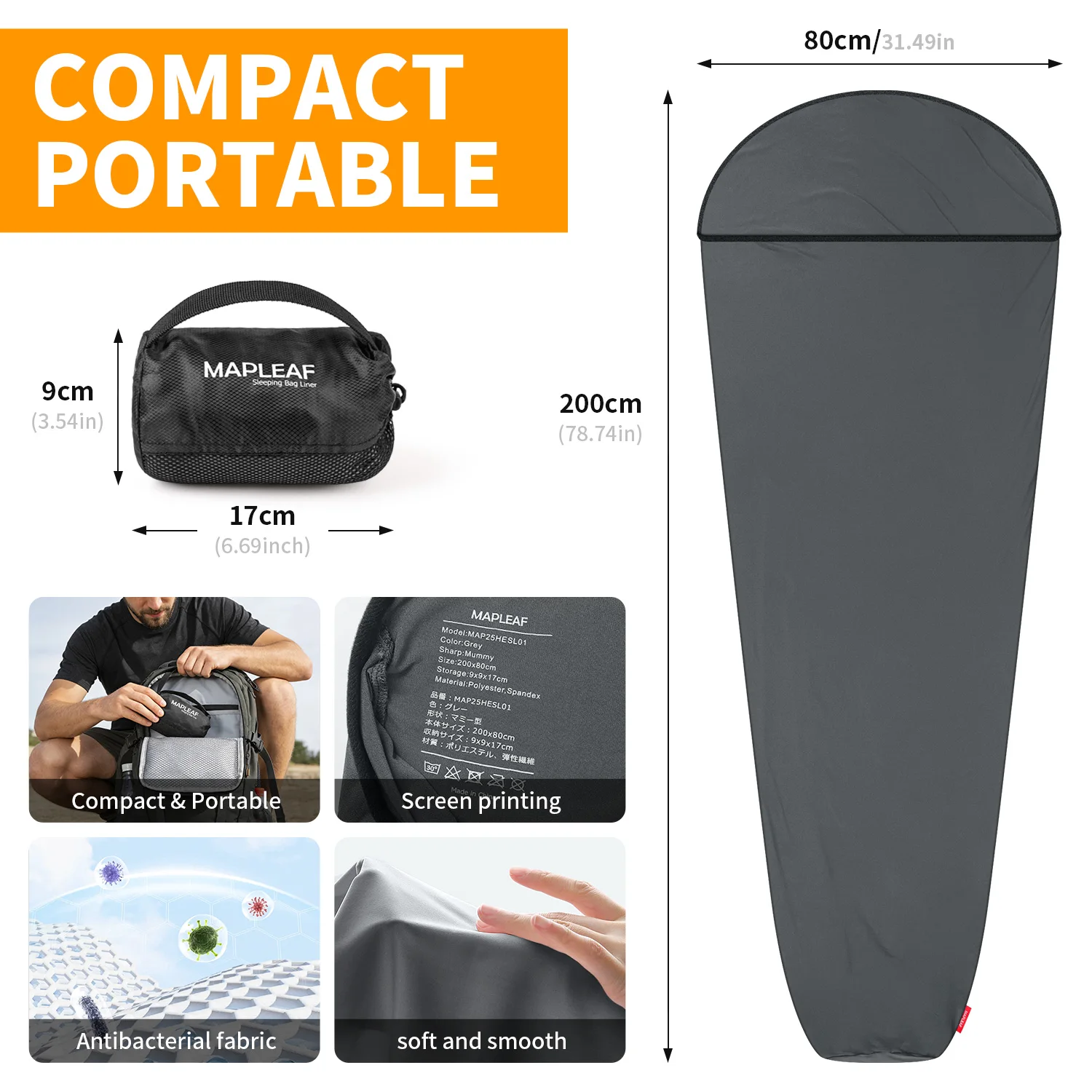 MAPLEAF Hochelastische Mumien-Schlafsack-Einlage, ultraleicht, für vier Jahreszeiten, Schlafsack-Einlage, tragbar, tragbar, Schlafsack-Einlage – Detail 4