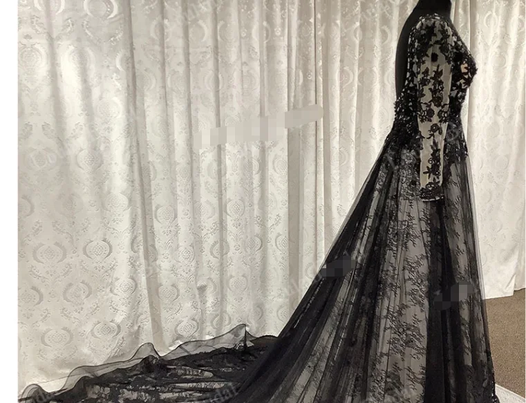 Gothic Black A Line Long Sleeve V Neck Wedding Dress Lace Appliques 2023 Robe Bridal Boho Gowns for Women trouwjurk