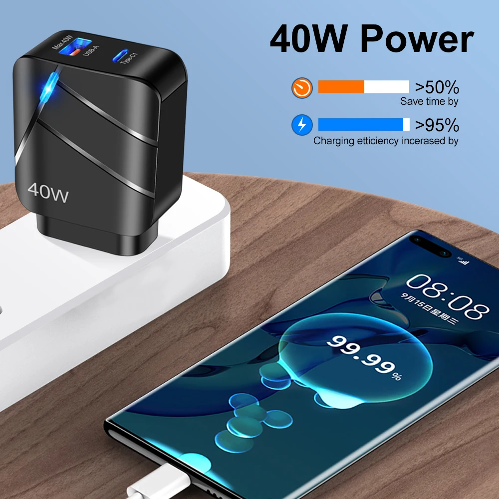 40W USB PD Type C Fast Charging Mobile Phone Charger Quick Charge3.0 Phone Power Adapter EU/US Plug For iPhone 15 Samsung Xiaomi