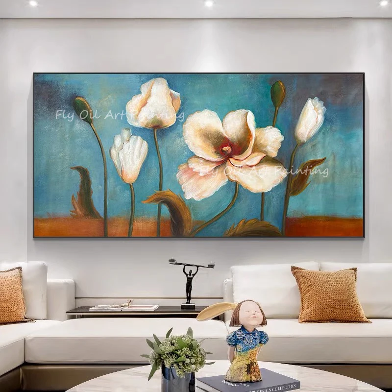 

100% Handmade large size white flower landscape picture artwork gift modern Oil Painting Porch Aisle Decoration