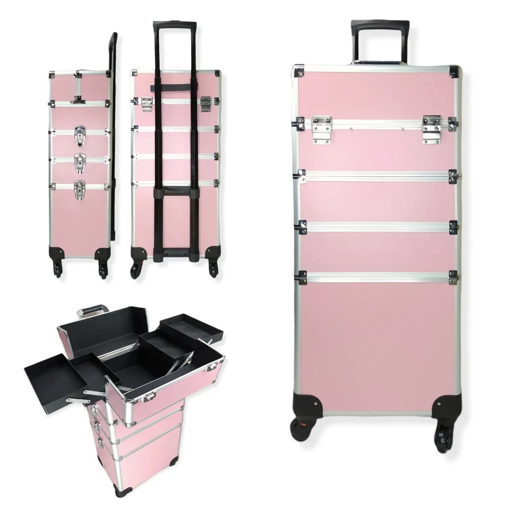 Professional Makeup Case With Rods and Partitions Full Organizer 4 Floor Pink