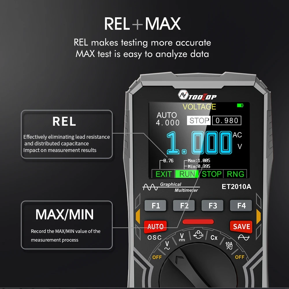 TOOLTOP ET2010A Digital Oscilloscope Multimeter 1Mhz 2.5MSps Color Handheld Oscilloscope AUTO Waveform Electronic DIY Tools