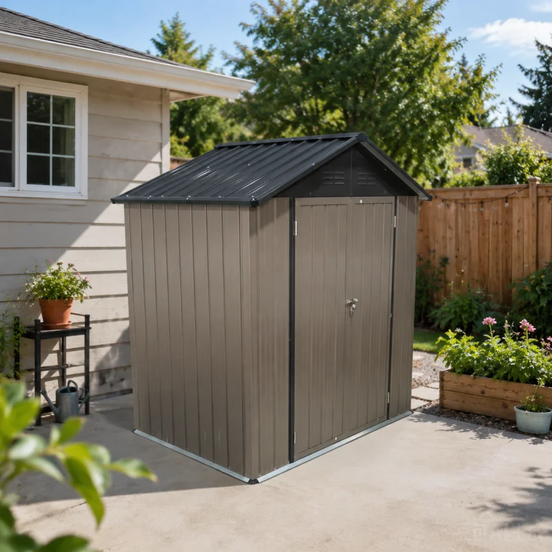 Abri de jardin 6x4 pieds, abri pliable en métal avec toit en pente, brun noir, cadre de sol intégré, surface de 1,95 m², rangement d'outils extérieur