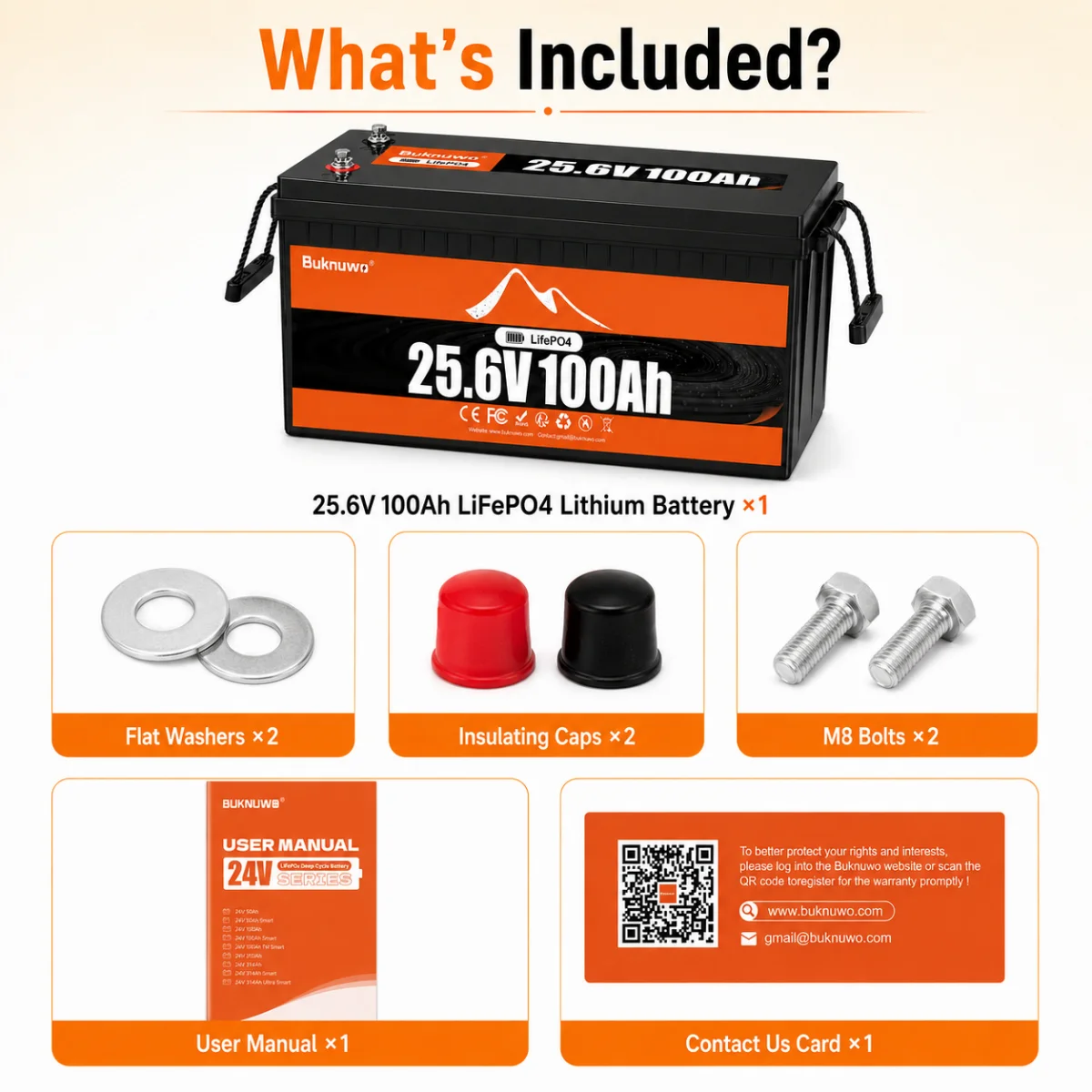 Buknuwo 24V/25.6V 100Ah M8 LiFePO4 Lithium Battery With Bluetooth, 2560Wh Power Energy Storage Battery, Built-in 100A BMS Grade A Cells, Low-Temp Protection, Capable Of Over 6000 Cycles Support Parall image 7