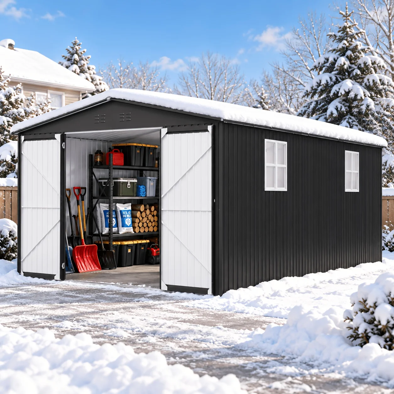 12 Ft. X 20 Ft. Outdoor Metal Storage Shed With Sloped Roof And Lockable Doors, Black