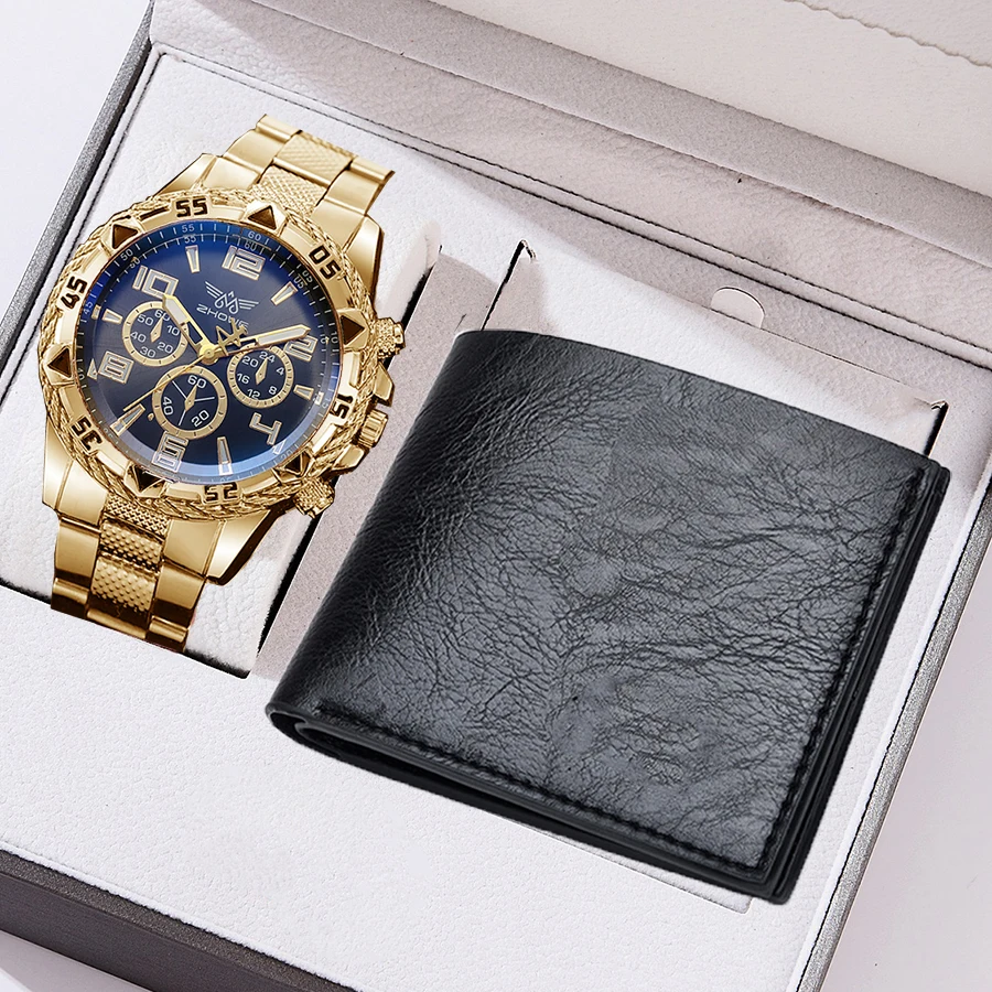 【Free Wallet】 2PCS Men Watch Sets Men's Causal Sport  Alloy Quartz Watch Gift Sets