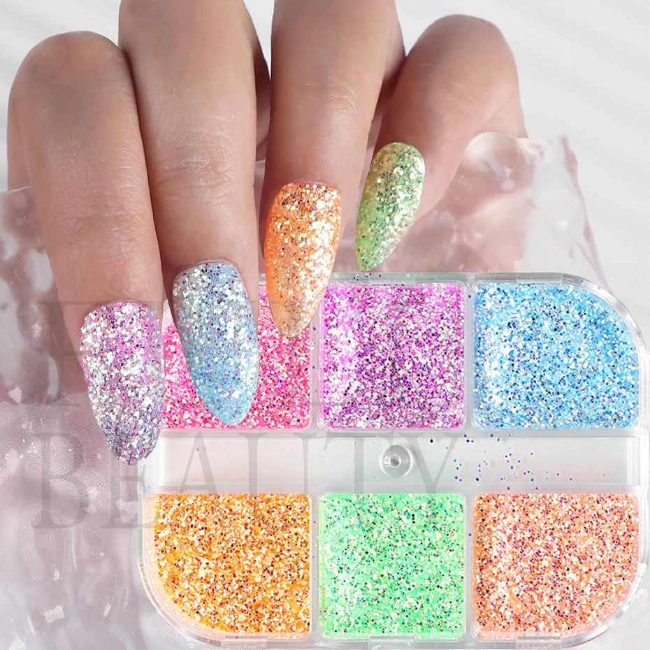 

6Grid Colorful Nail Art Glitter Mix Color Holographic Shiny Sequins Thin Powder DIY Hexagon Nail Art Decoration Accessory LEKYX