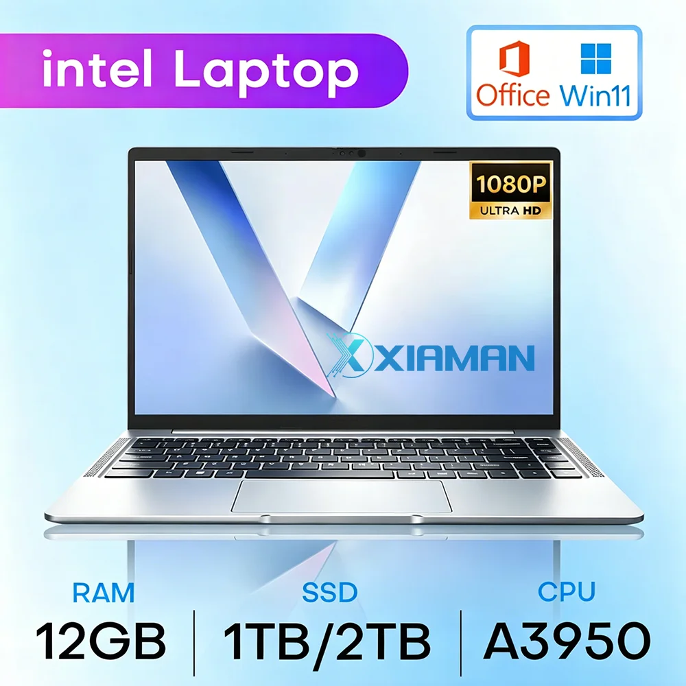 Portátil ligero Xiaman de 14.1 pulgadas con Intel Atom A3950, 12GB de RAM, SSD de 256GB/512GB, Windows 11 Pro, ideal para oficina y negocios.