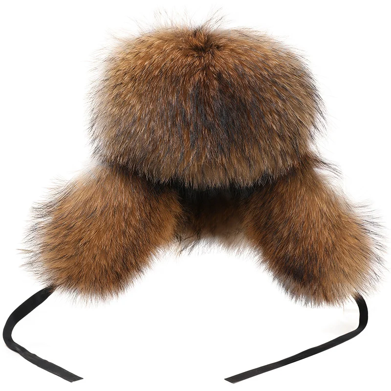 New Hat For Men Winter Natural Real Fox Fur Bombers Hats Outdoor Windproof Raccoon Fur Cap Man Luuxry Real Sheepskin Leather Hat