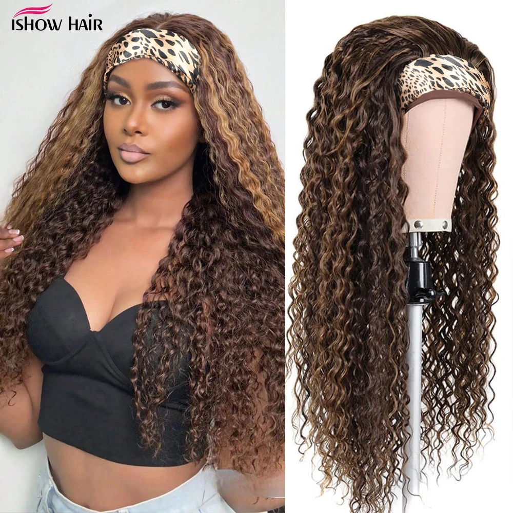 

Highlight Headband Wig P4/27 Human Hair 250 Density Deep Wave Curly Human Hair Wigs Honey Blonde Colored Full Machine Made Wig