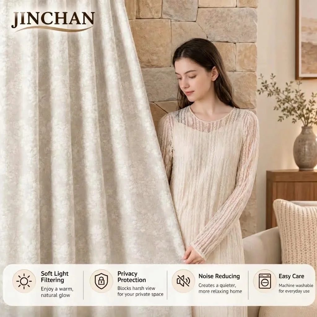 JINCHAN Floral Jacquard Curtains for Living Room, Elegant Light Filtering Privacy Drapes, Textured Window Curtains for Bedroom