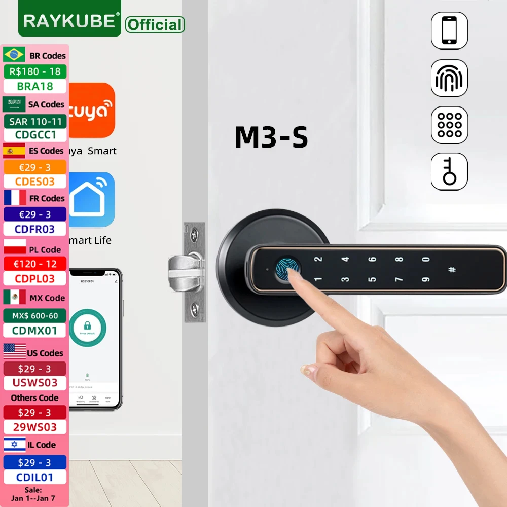 RAYKUBE M3-S Tuya BLE Smart Fingerprint Door Lock Electronic Lock with Password/Key/Smartlife/Tuya APP Remote Unlock For Bedroom