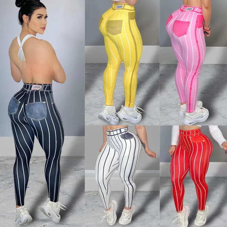 Damskie legginsy sportowe z wysokim stanem nadruk w paski rozciągliwe spodnie do jogi seksowne obcisłe spodnie do ćwiczeń Fitness Push Up przyczynowe spodnie — zdjęcie 2