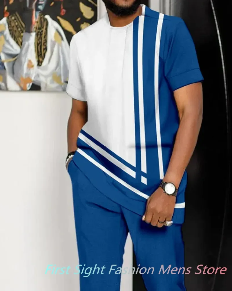 African Outfits Men Tracksuit Set Summer Fashion Oversized Short Sleeve T Shirt Trousers 2 Piece Casual Striped Walking Suit