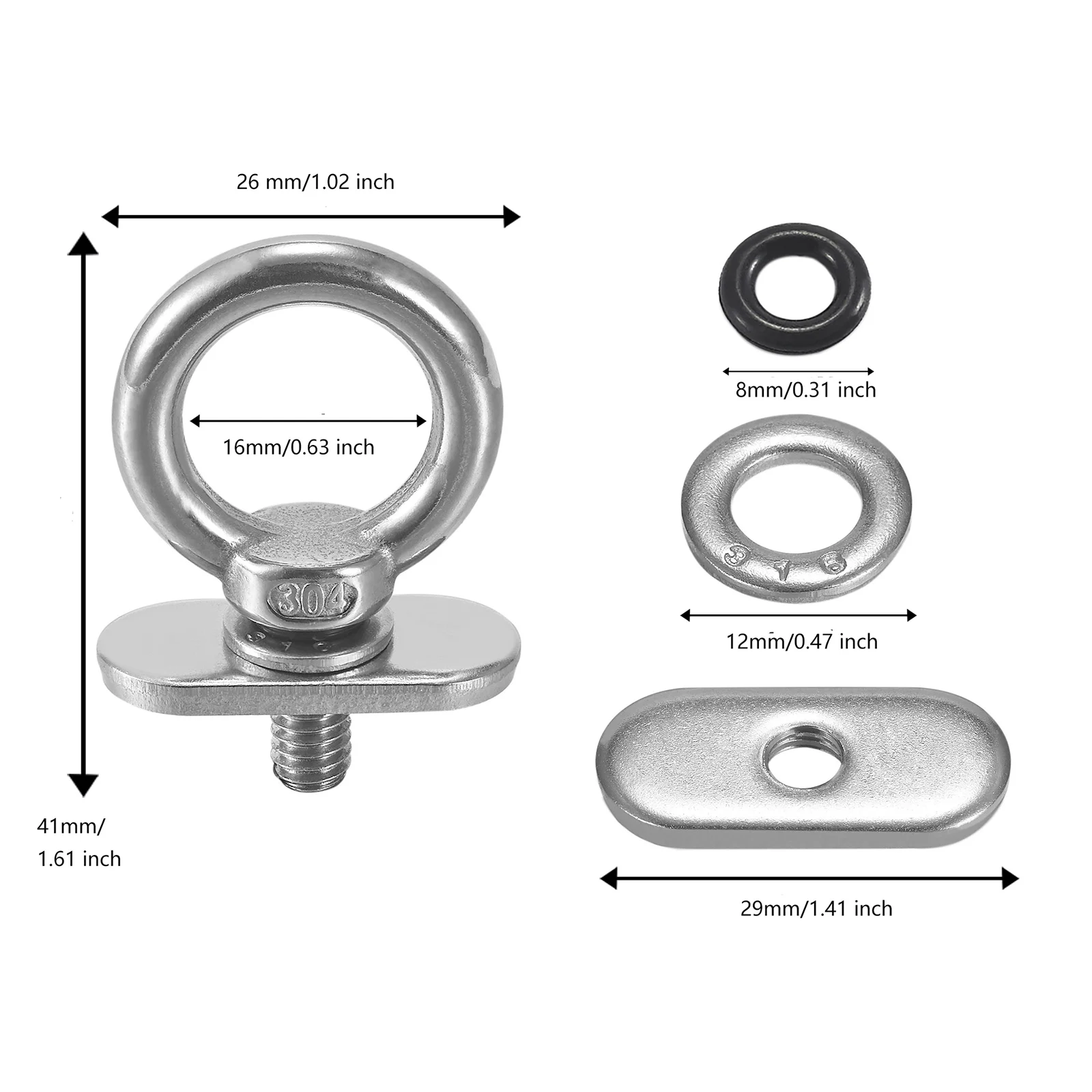 Track Mount Tie Down Eyelets, M6 Bolt, 316 Stainless Steel, Kayak Track Accessories (1 Pack)