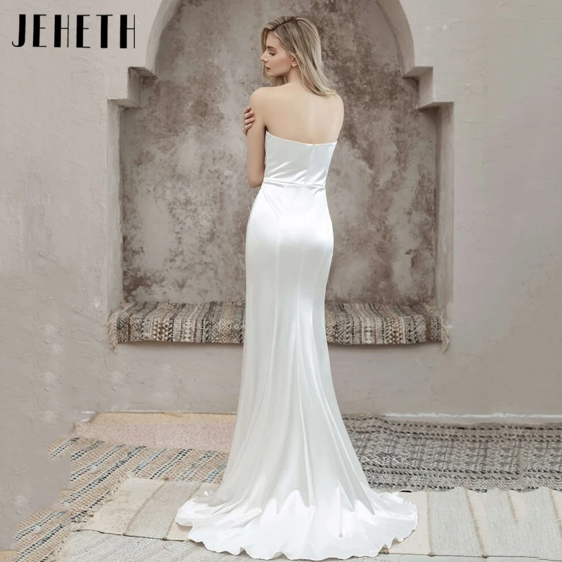 JEHETH vestido De Novia De manga desmontable con cuello en V para mujer, Vestidos De Novia De satén con abertura lateral De sirena, Vestidos De Novia simples sin espalda Vestido de novia femenino de cuello V de manga d