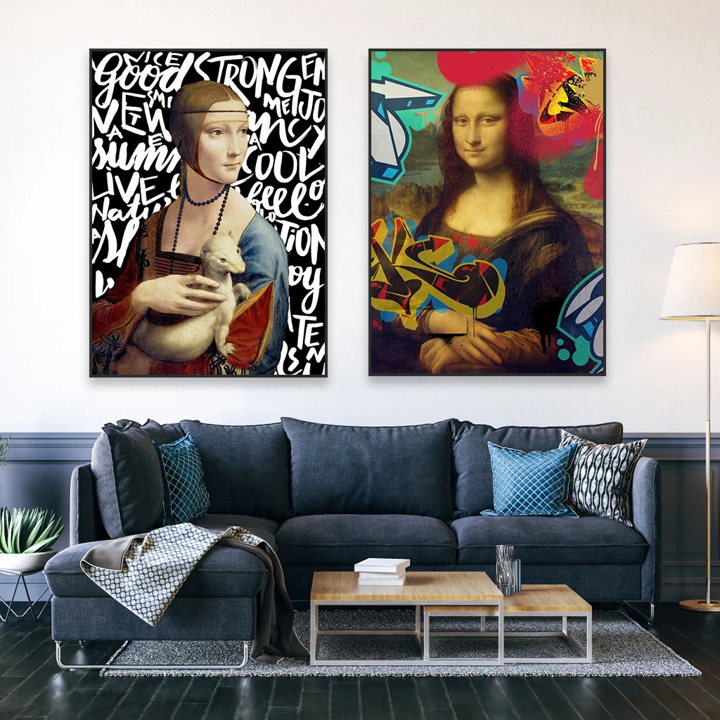 Fashion Classical Graffiti Wall Art Poster Colorful Neon Lady With Ermine Art Prints Davinci Art Vintage Canvas Painting Decor