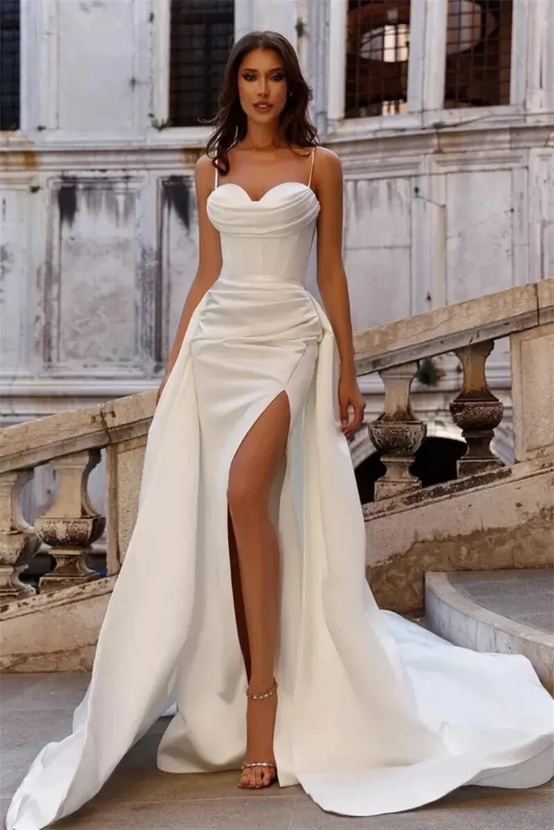 Vestidos de novia de satén con escote Corazón, Vestidos de novia largos con tirantes finos de sirena divididos, vestido de noche de tren desmontable