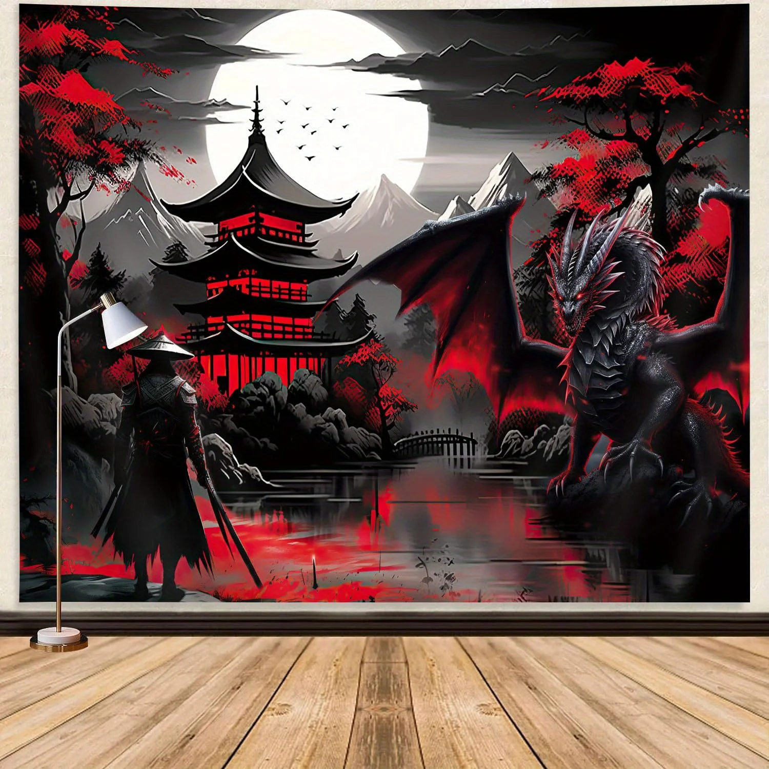 Japanese Anime Samurai & Dragon Tapestry, Red & Black Medieval Fantasy Wall Hanging, Sunset Mountain Landscape Tapestry