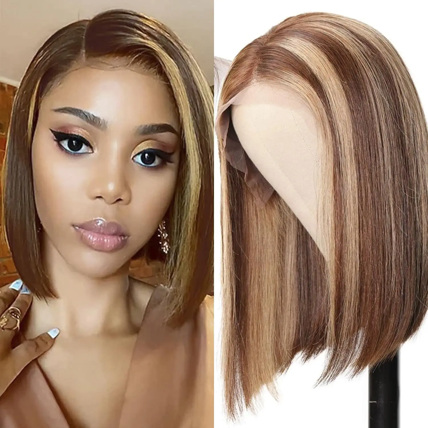 Highlight Ombre Bob Wig Human Hair Straight 4/27 Honey Blonde Bob Lace Front Wigs Human Hair 13x4 Lace Front Bob Wigs 10-16inch