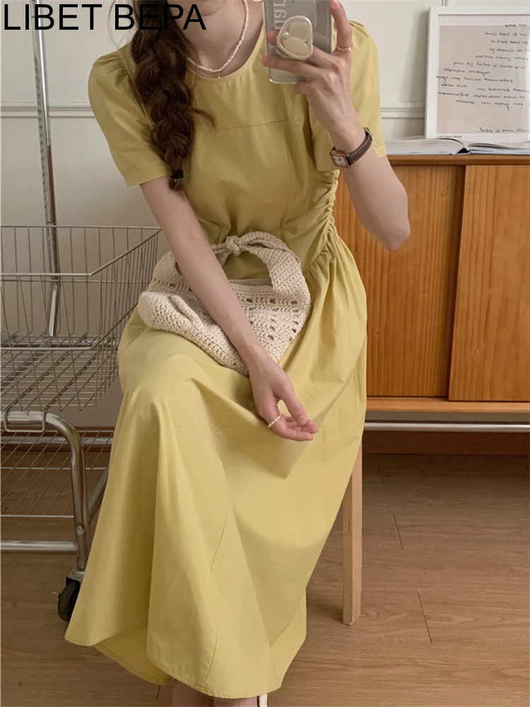 

2022 New Vintage High Waist Puff Sleeve Korean Fashion Female Oversized Elegant Lady Women Autumn Winter Long Dresses DR9673