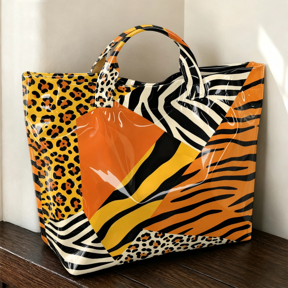 1pc Wild Animal Pattern Stitching Contrast Printing Tote Bag, Trend Leopard Tiger Zebra Pattern Handbag, Avant-Garde Retro Handbag, Large-Capacity Travel Shopping Personalized Joker Portable Tote Bag.