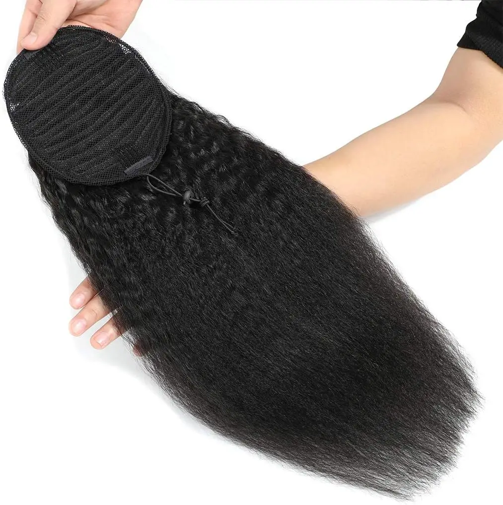 Kinky Straight Pferdeschwanz Echthaar-Verlängerung 100% Echthaar Wrap-Around Pferdeschwanz mit Kordelzug in Naturschwarz # 1B Für Frauen – Detail 7