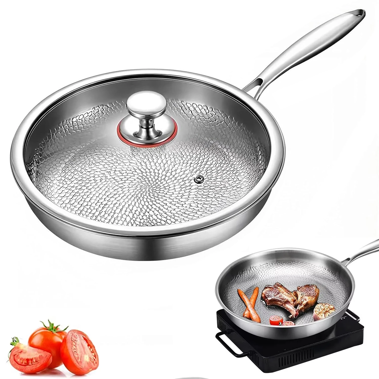 DWiusty Titan-Bratpfanne mit Glasdeckel, antihaftbeschichtet, gleichmäßig erhitzende Pfanne, unbeschichtete Wok-Pfanne aus Titanlegierung, Küchenkochgeschirr, 30 cm