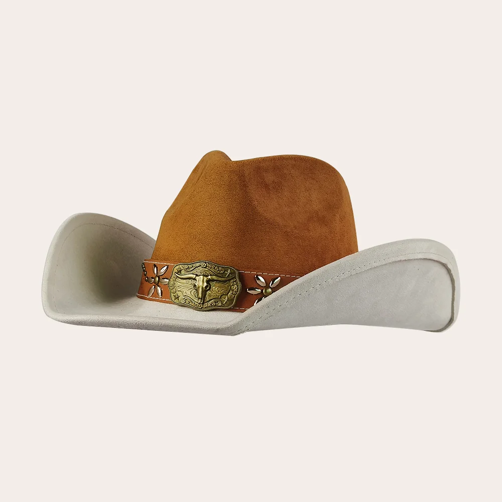 Neuer farbblockierter Western-Cowboyhut für Herren, Retro-Wildleder-Cowboyhut für Herren, breite Krempe, Filz-Fedora-Hut, Vintage-Panama-Muster für Herren