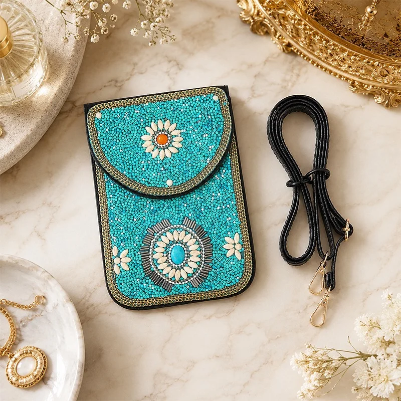 Beaded Crossbody Phone Bag for Women Leather Mobile Pouch Boho Shoulder Wallet Handmade Mini Purse for iPhone view 5
