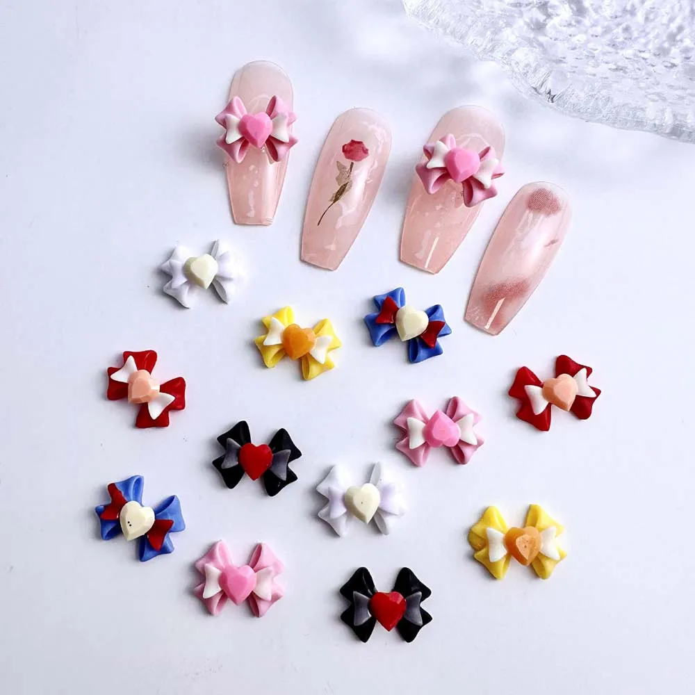 20Pcs Ribbon Resin Bow Nail Art Charm Parts 3D Heart Shape Rhinestone Nail Art Decoration Accessories Supplies for DIY Manicure