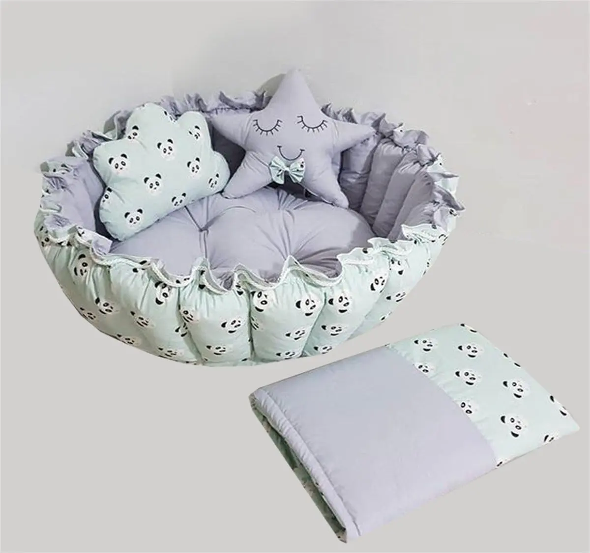 Handmade Panda Designed Gray Combination Babynest Play Mat