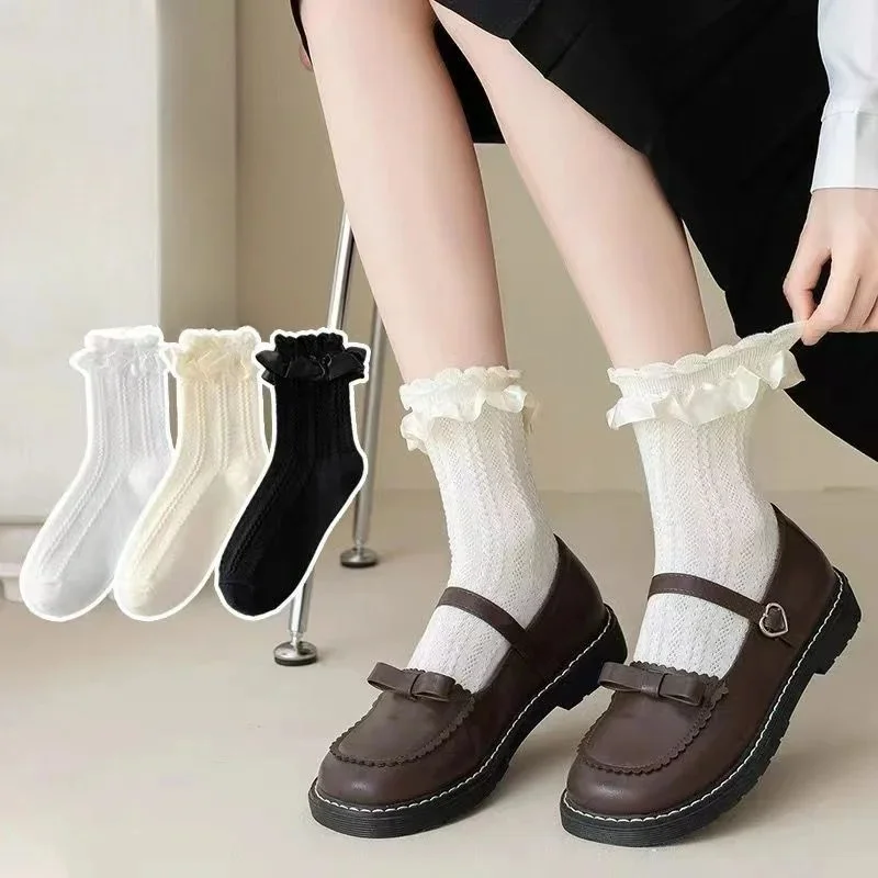Kave JK Lolita – chaussettes blanches/noires pour femmes, chaussettes japonaises mignonnes en dentelle blanche, Tube moyen, respirantes, vente en gros