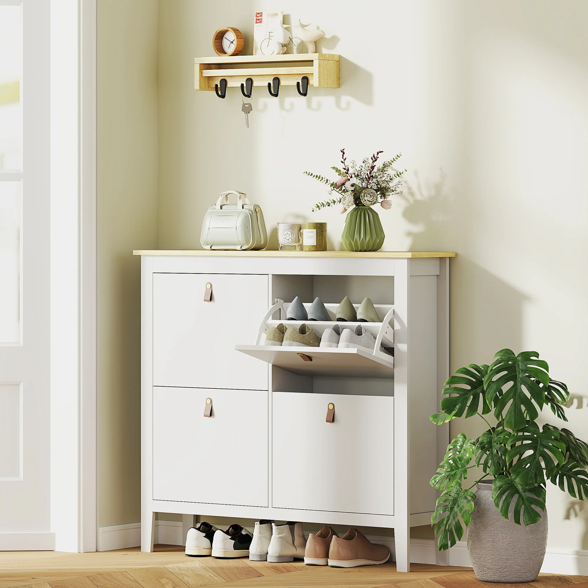 Schuhschränke mit 4 Klappschubladen, Schuhaufbewahrung, Weiß & Eiche, verstellbare Regale, großer freistehender Schuhschrank für Eingangsbereich, Flur, Wohnzimmer, Haushalt