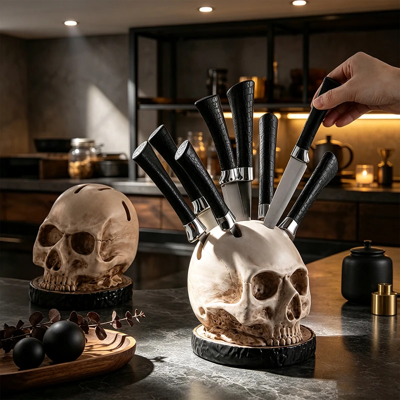 Vintage Aged Bone Shade Textured Resin Skull Shaped Fruit Knife Holder Home Indoor Kitchen Countertop Decor Figurine New 2026
