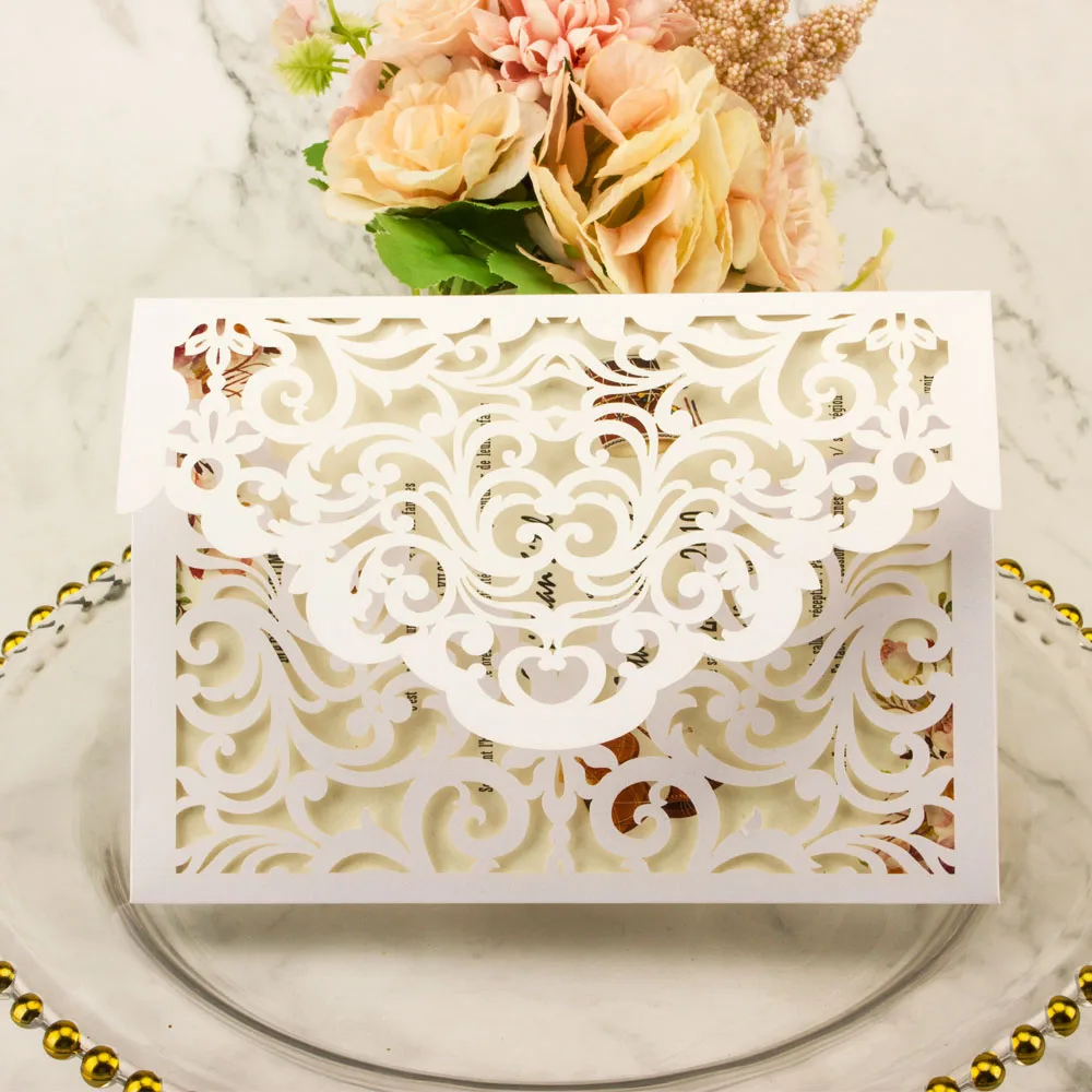 

50x Hollow Laser Cut Wedding Invitation Cards Pearl White Ivory Gold Card For Wedding Engagement Bridal Shower Birthday Supplier